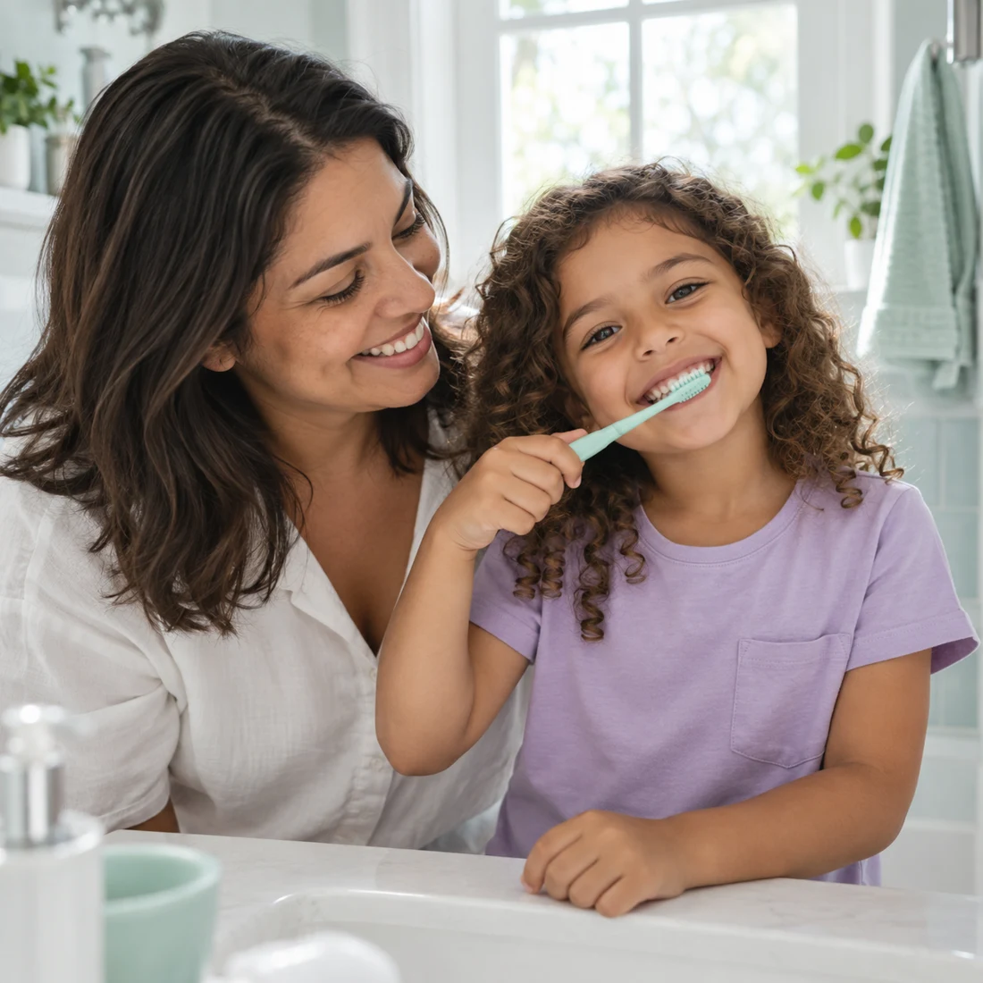 Cena ilustrativa de mãe e filha compartilhando um momento de escovação